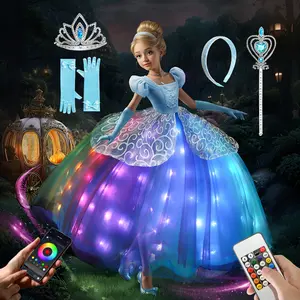 UPORPOR Light-Up Blue Princess Dress for Girls Halloween Christmas Costume with Accessories 100+ LED Modes Music Sync Ages 3-9 Cosplay Batteries Not Included