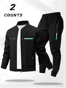 Men's Casual Letter Gradient Jacket Set, Zipper Design, Soft Fabric, Fitted Sportswear for Spring & Fall, Teen Boys & Adults, Streetwear Tracksuit Set