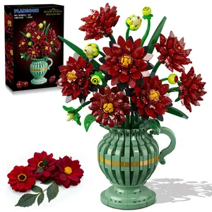 Dahlia Flowers Building Set with Vase, Flower Bouquet Botanical Collection Building Block Toy, 1482 PCS Gothic Artificial Plant Bonsai Kit Home Decor Gift for Her Adults Kids Girls 12+