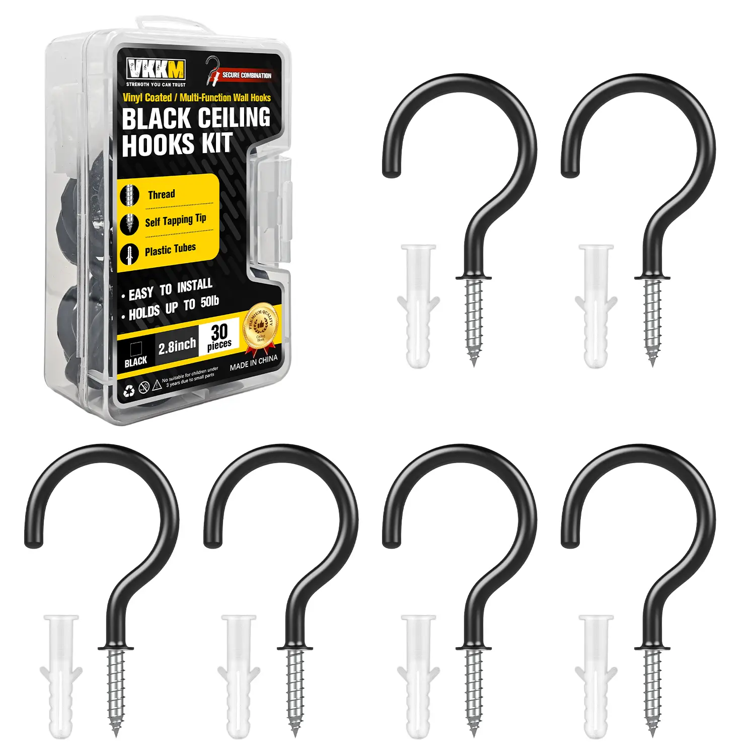 VKKM Heavy Duty Screw-in Ceiling Cup Hooks Kit, 2.8" Black Vinyl Coated Hanging Hooks with Wall Anchors, 30Pcs Holds 50lb for Indoor & Outdoor Hanging Plants, Wind Chimes