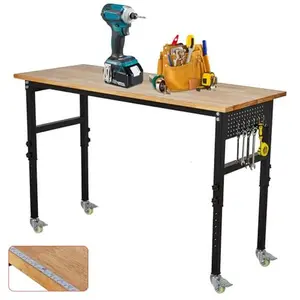 48"X24" Heavy Duty Workbench, 29.5"-39.4" Adjustable Height, Rubber Wood Table with Lockable Wheels & Pegboard for Garage, Workshop, Office - 2200 Lbs Capacity