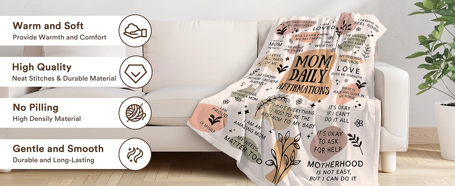 New Mom Gift Blanket — "Mom's Daily Affirmations" Theme: An essential and thoughtful gift designed specifically for first-time moms, expectant mothers, and new moms—perfect for pregnancy and the postpartum period. It also makes a heartwarming present for