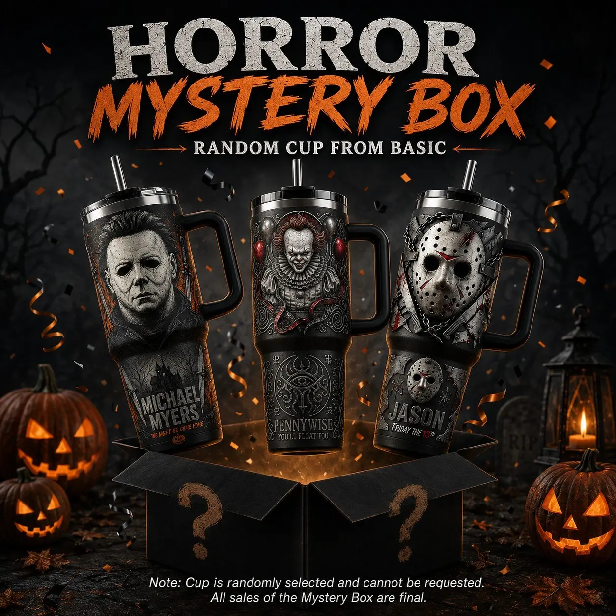 Horror Mystery Box 40oz Tumbler with Handle & Straw, Receive 1 Random Horror Inspired Design, Stainless Steel Insulated Travel Mug, Halloween Gift