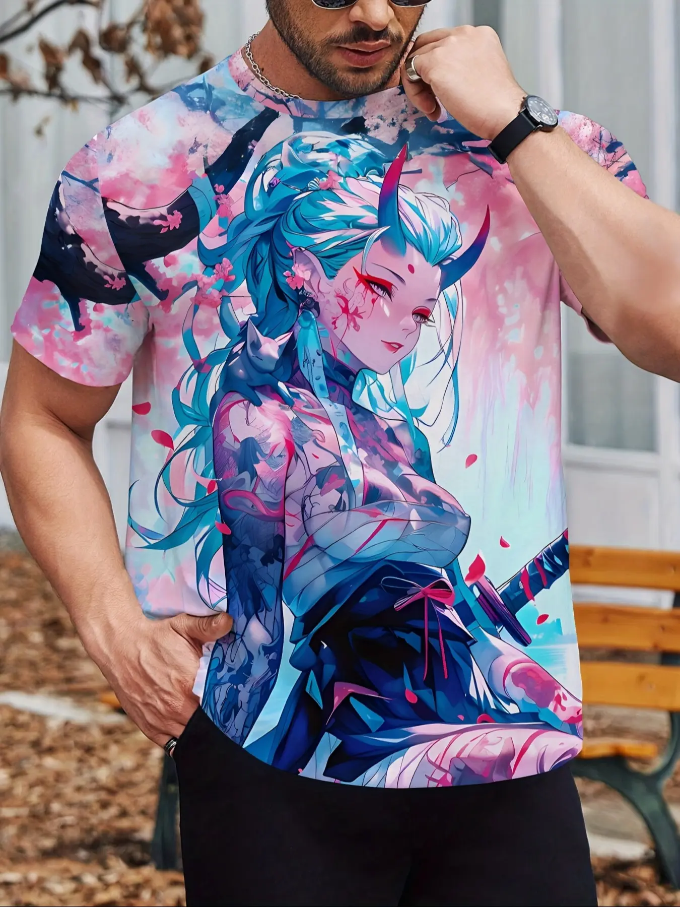 1 x Female Samurai Under the Cherry Blossom Tree Casual Sports, Casual Sportswear Fitted Breathable Short-Sleeved Round Neck T-shirt Pink Cartoon Anime Female Character Comfortable Elastic Material