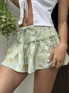 Mint Green Floral Ruffle Feminine Mini Skirt | Fairycore Aesthetic Tiered Skort for Soft Girl Summer Look