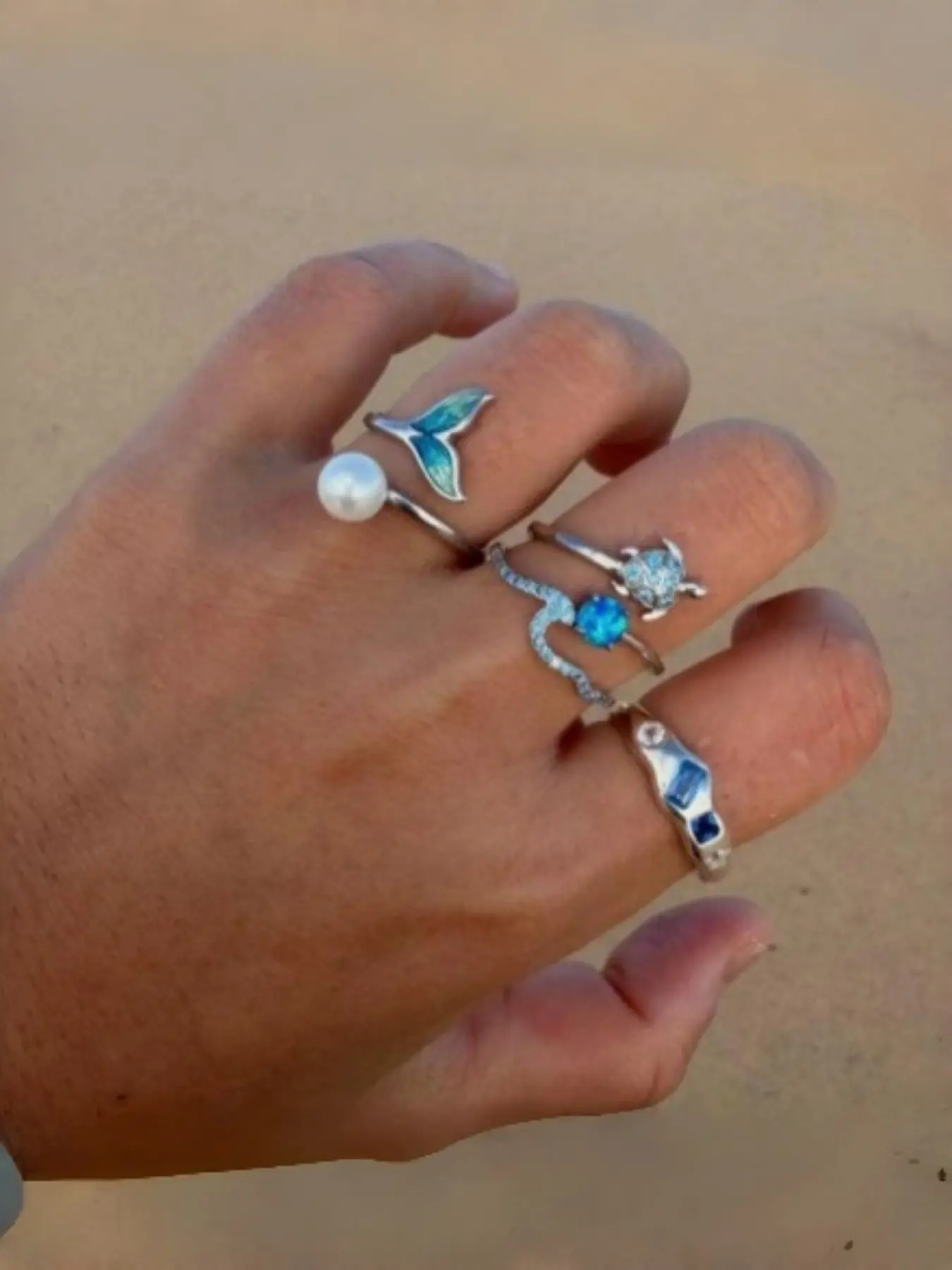 Oceanic Mermaid Tail Ring Set, Unique Design Rhinestone Open Rings, Beach Style Gift for Best Friend Girlfriend Birthday Jewelry