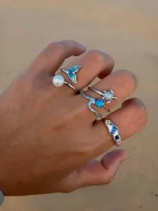 Oceanic Mermaid Tail Ring Set, Unique Design Rhinestone Open Rings, Beach Style Gift for Best Friend Girlfriend Birthday Jewelry