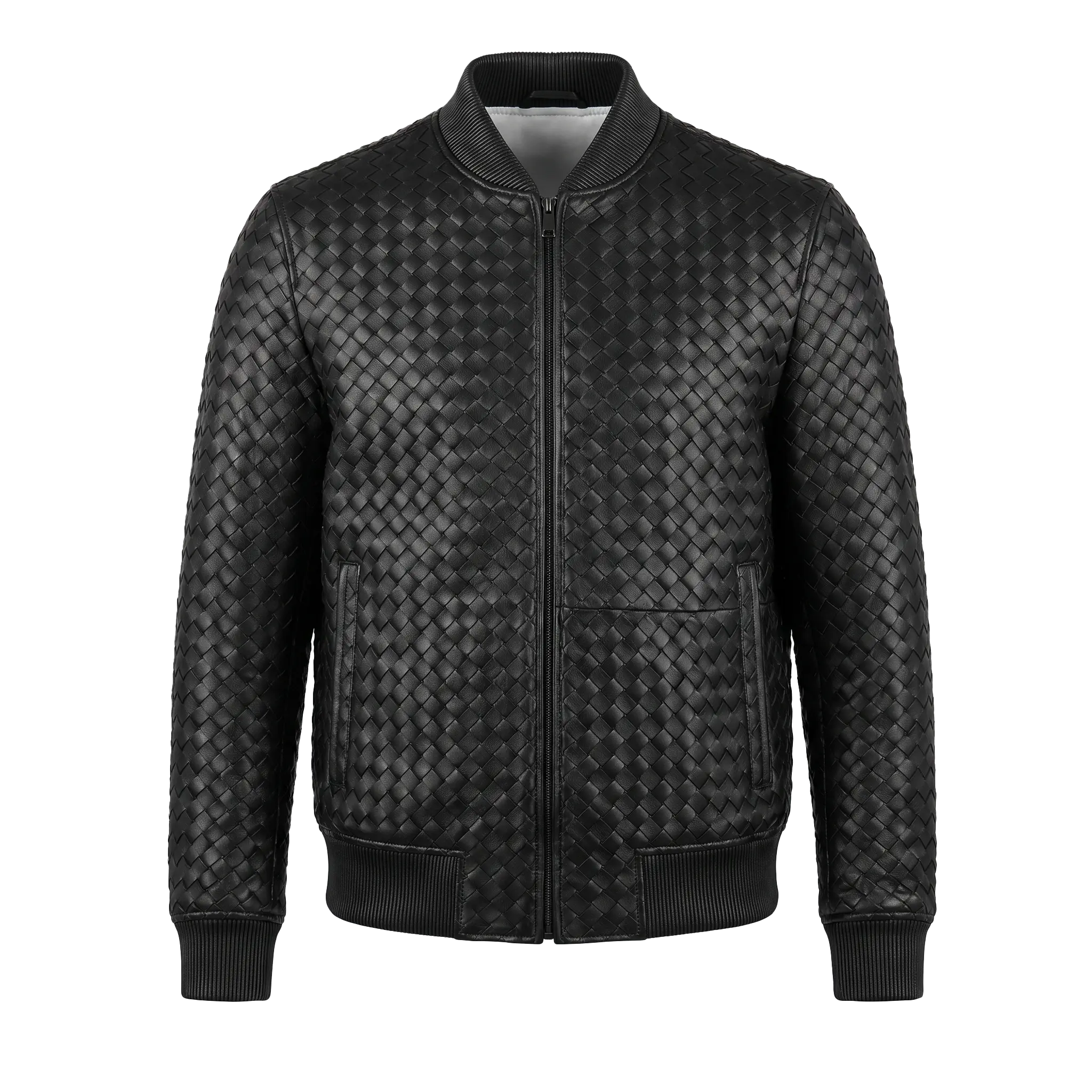 Kashani Black Handwoven Leather Bomber Jacket