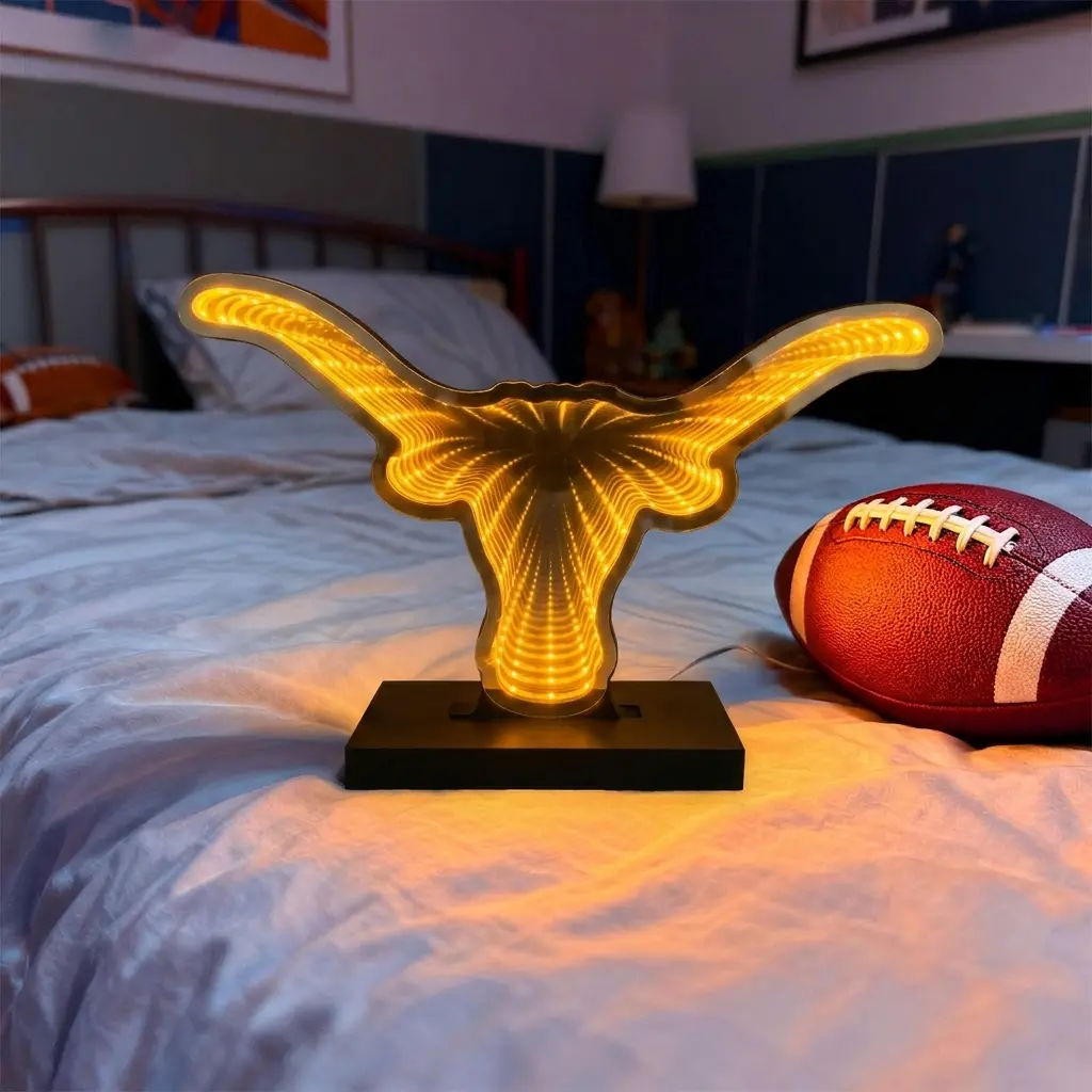 3D Football Infinity Mirror Light,TEXAS Longhorn LED Infinity Mirror Night Light with Endless Sports Tunnel Effect, USB Powered 3D LED Lights for Man Cave & Game Room Decor, Gift for Fans Men, 11.8″×6.7″