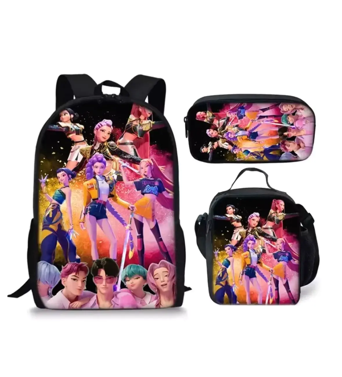 K-Pop Music Warrior Girls Student Backpack Set | 3Pcs Schoolbag Insulated Lunch Bag Pencil Case | Back to School Gift for Kids
