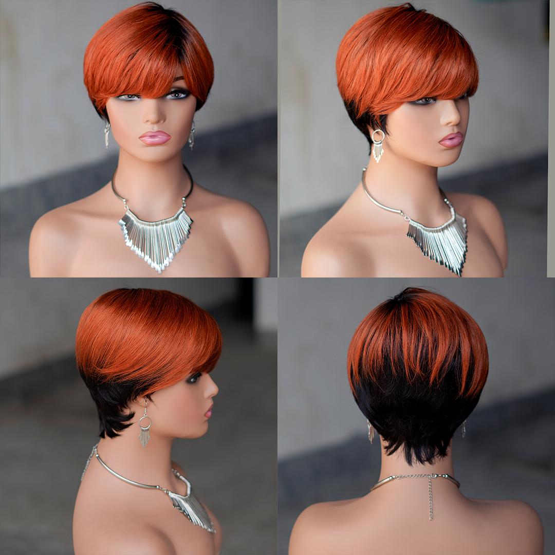 "Glueless Short Pixie Cut Wig With Bangs 180% Density Brazilian Virgin Human Hair P1B/27 Ombre Black Blonde 6 Inch Layered Full Machine Made Natural Look With Wig Caps For Women Daily & Party Wear "	