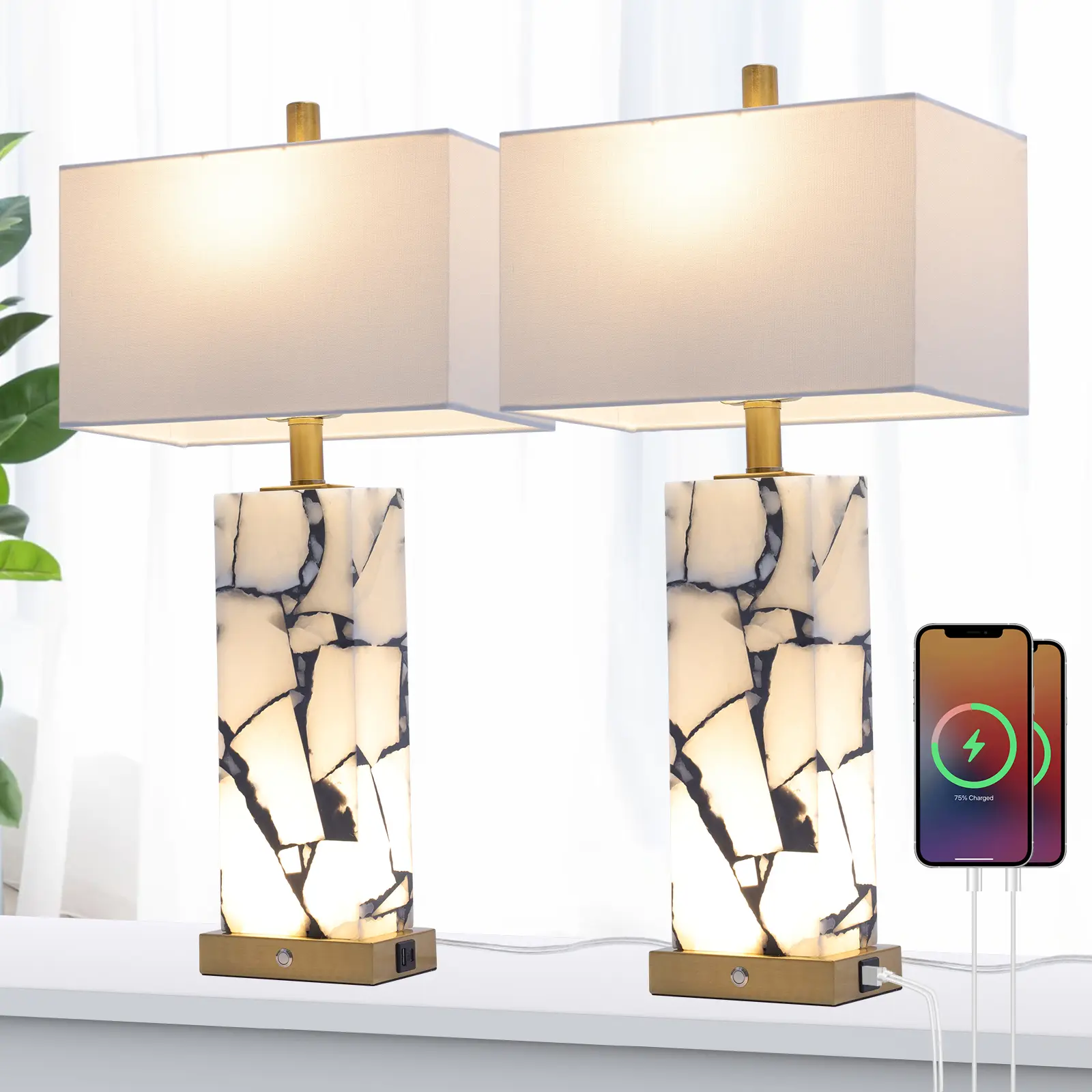 DEMILARE 2-Piece Natural Marble Alabaster LED Table Lamp Sets - 3-Color Temperature, Nightlight Mode, Fastcharging USB Ports, AC Power Supply, Modern Home Bedroom Decor Indoor Lighting,SummerFinds,Summer Turn Up