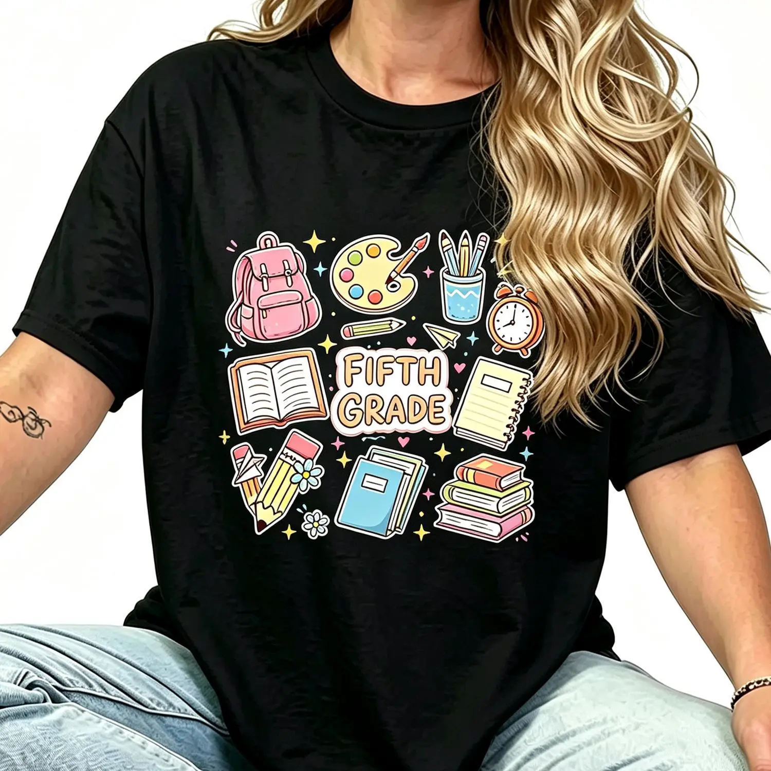 Fifth Grade Back To School Cotton T-shirt Cute School Supplies Print Tee Casual First Day Of School Outfit for Teacher Girls Women