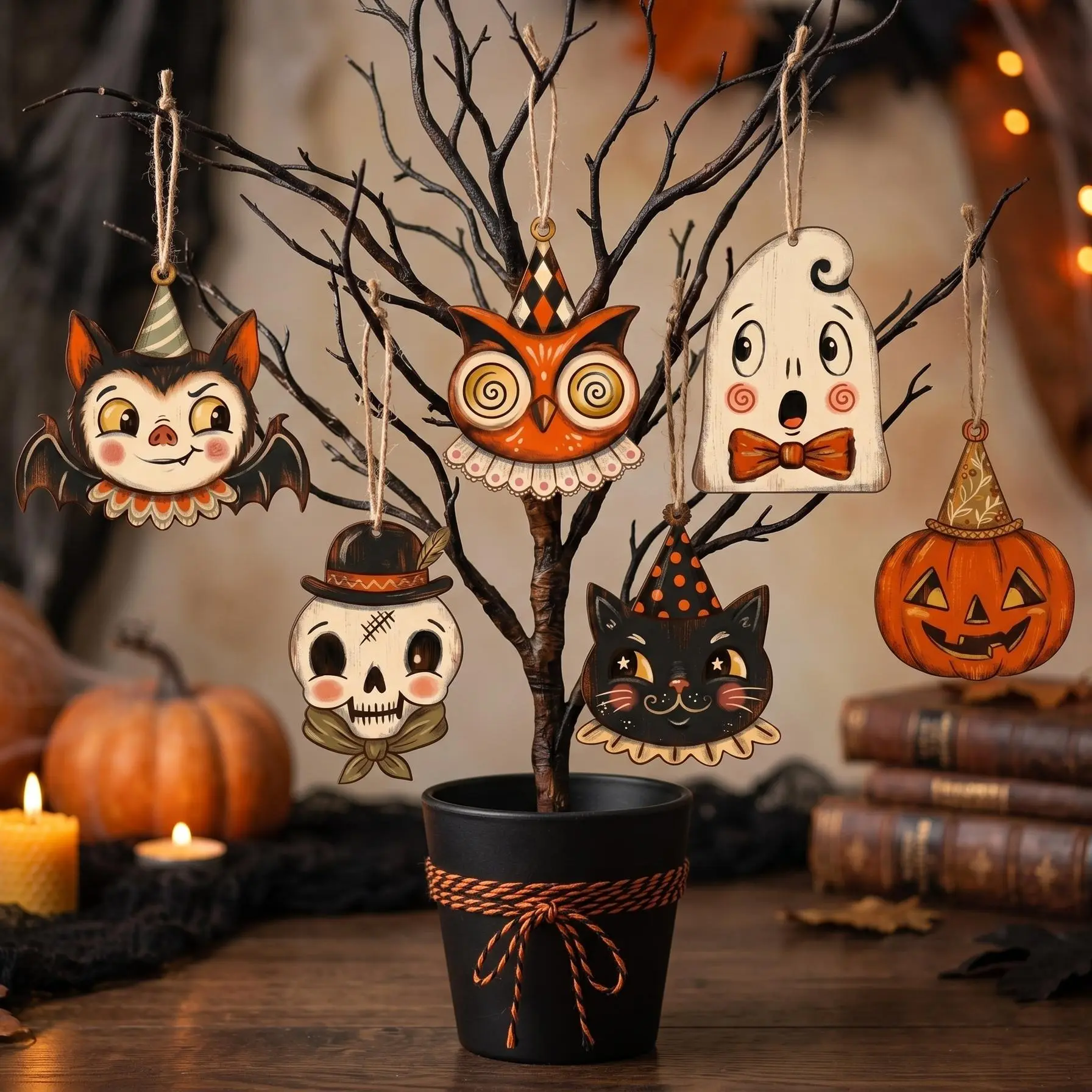 Mini Halloween Ornaments For Small Tree, Vintage Halloween Decor Indoor With Vampire, Cute Ghost, Pumpkin, Black Cat, Skeleton, Witch Owl
