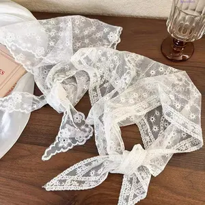Women's French Retro Floral Lace Mesh Triangle Headscarf - Sports Towel with Sweet Korean Strap Design, Literary Elegant Headband, Breathable All-Match Hair Accessory for Daily Travel, Seaside Photo, Accessories for Women