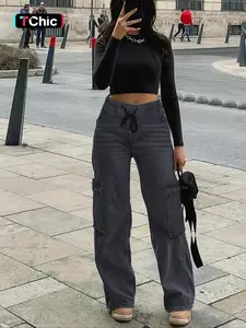 GILIPUR Y2K Vintage Washed Loose Fit Wide Leg Jeans Pants, Foot Binding Design,Elastic Drawstring Waistband,Casual All Season Streetwear,Plain Pattern, Daily Wear Denim Jeans,T-Chic