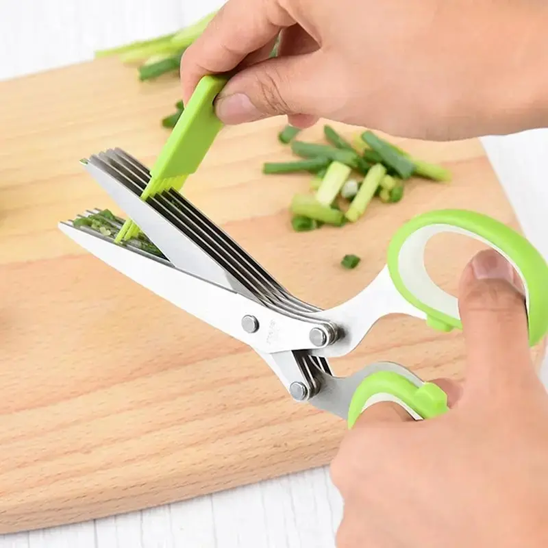 5-Blade Stainless Steel Herb Scissors 7.5-Inch Kitchen Shears with Safety Cover and Cleaning Comb for Chives Scallions Cilantro and Fresh Herbs