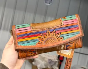 Genuine hand painted & tooled leather wallet with cowhide and colorful design, comes with wristlet and crossbody strap