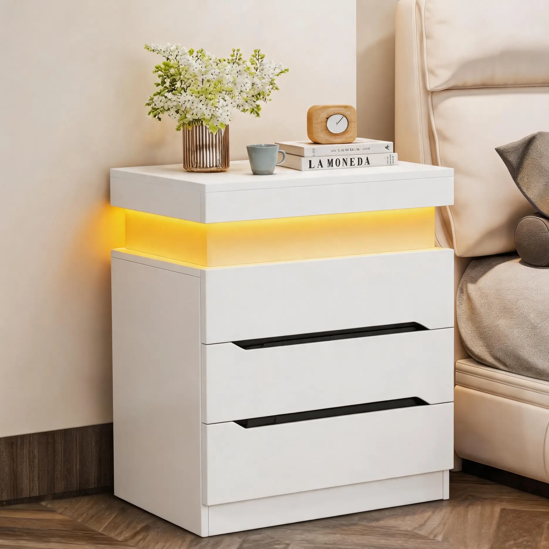 Modern LED Nightstands Set of 2, 3 Drawers Bedside Storage Cabinet with Adjustable RGB Light Strip, Sliding Hidden Top Compartment & Anti-Tip Hardware,Bedside Table for Bedroom, Living Room.