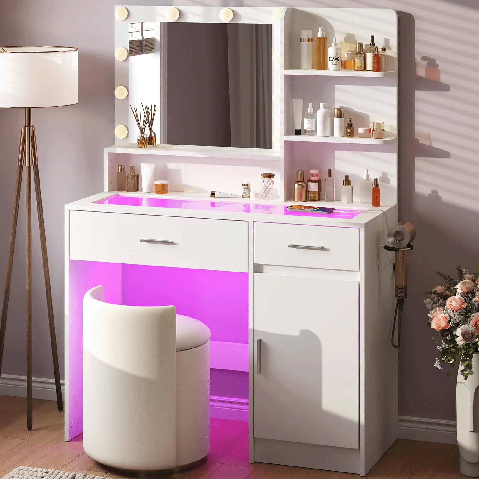Modern White Makeup Vanity Desk with Glass Top, RGB Drawers, Dimmable LED Lights (Multiple Modes), USB Power Port, Power Outlet, Beauty Organizer for Women’s Bedroom, Indoor Home Furniture summerwins,summerwins,dorm essentials,home decor