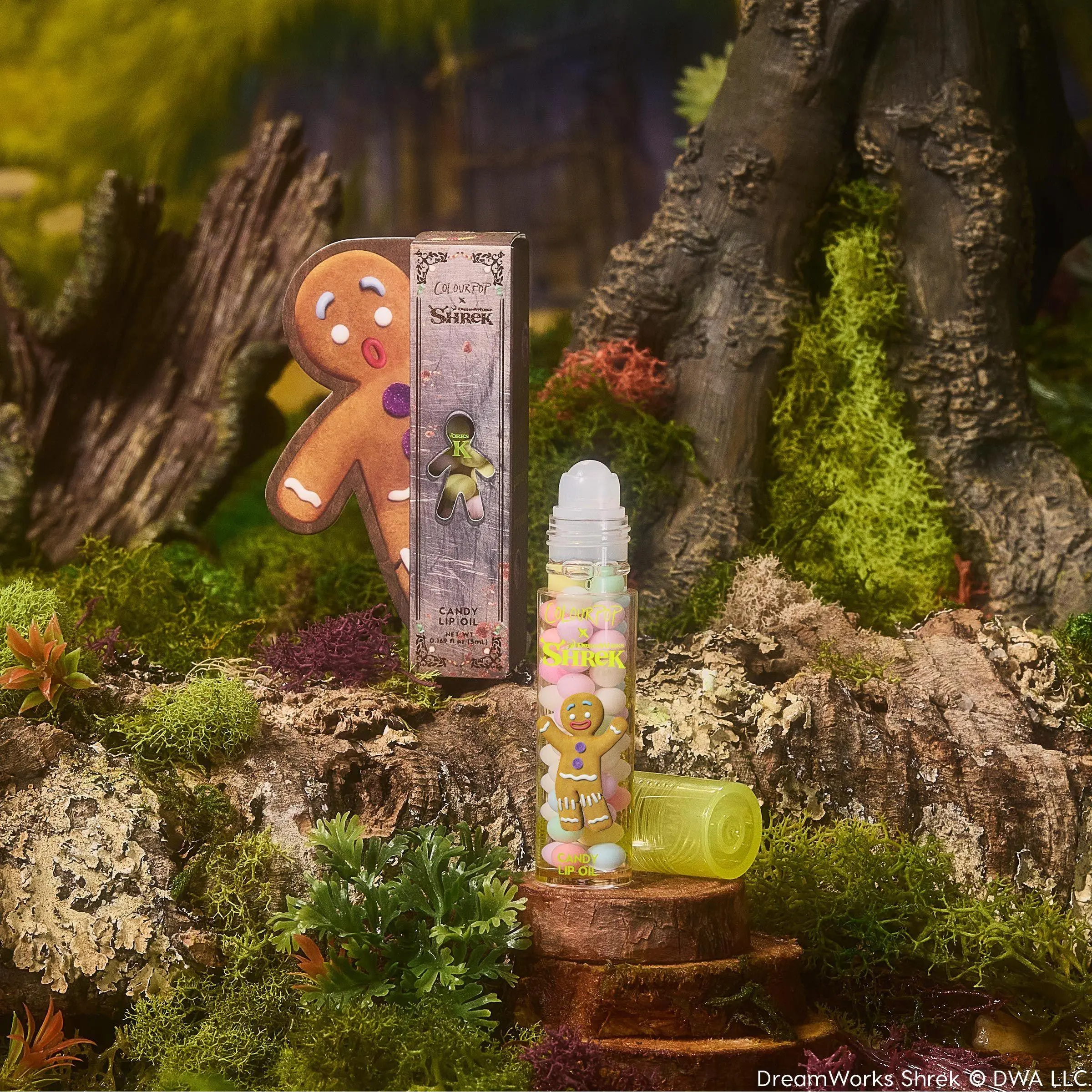 ColourPop x Dreamworks Shrek Gumdrop Buttons Clear Glossy Jojoba Moisturizing Nourishing Lip Oil with Gingerbread Man Design & Colorful Beads 0997