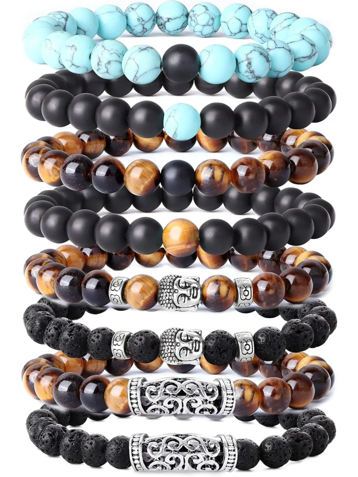 8 Pcs 8MM Beads Bracelet for Men Lava Tiger Eye Stone Buddha Bracelet Gothic Punk Stretch Bracelet Beaded Bracelets Set