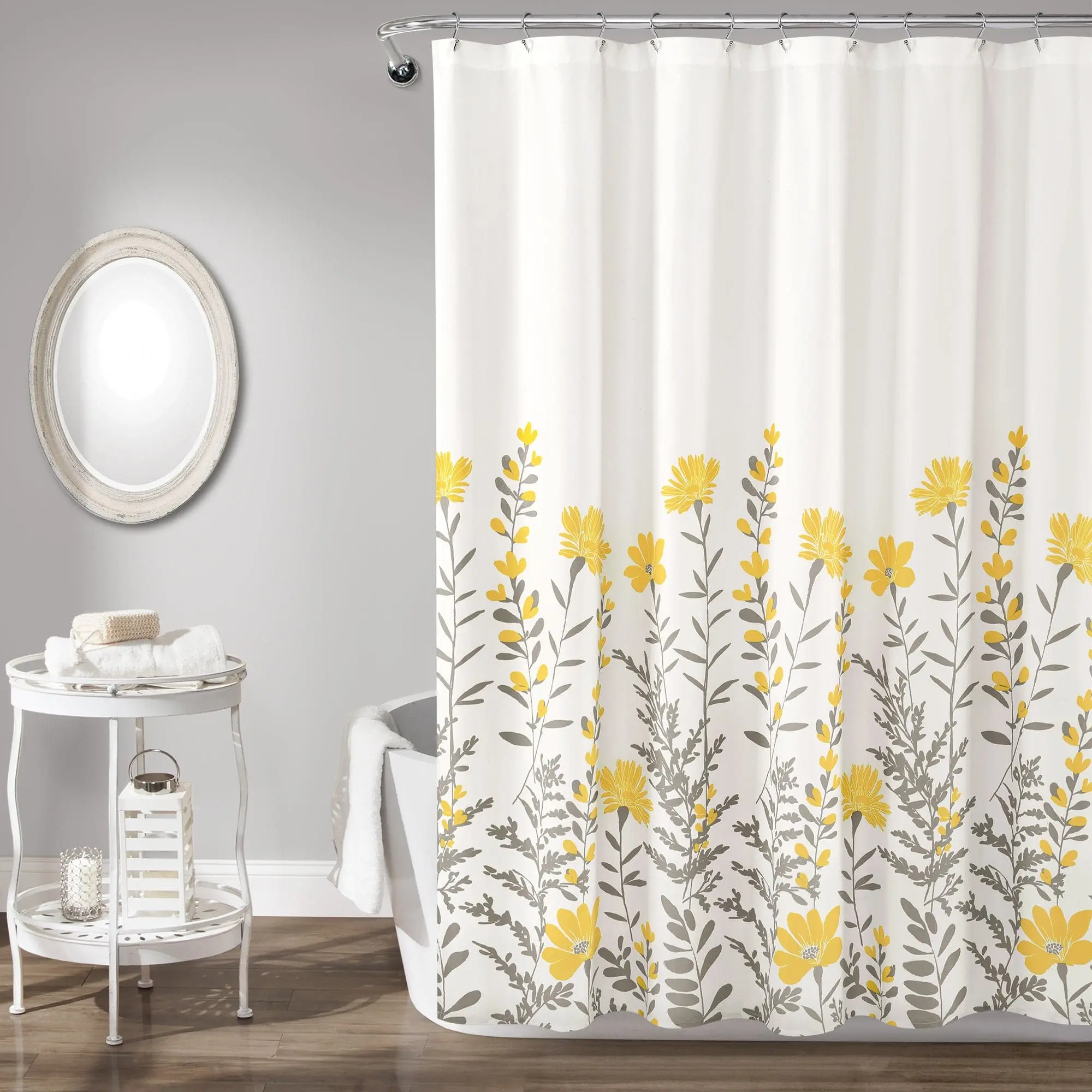 Lush Decor Aprile Shower Curtain - White and Yellow Floral Design Bathroom Accessory, Liner-Compatible, Delivers Spa-Like Calm and Pasture-Like Look