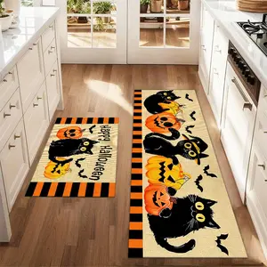 2Pcs Halloween Cute Black Cat And Pumpkin Floor Mat Set Farmhouse Kitchen Rug Animal Printed Rug Decorative Rug Dining Room Flooring Laundry Room Decor Carpet Mat