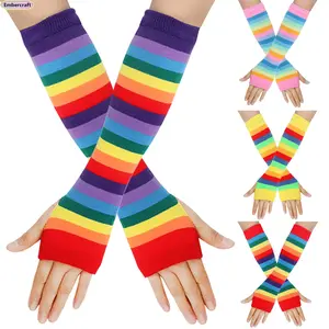 Rainbow Knitted Gloves Colorful Striped Long Sleeves Soft Stretchy Warm Handwear LGBTQ+ Pride Month Essential Vibrant Striped Knit Mitts for European & American Pride Parade Music Festival Holiday Party Cosplay Daily Casual Wear Lightweight Durable Fashio
