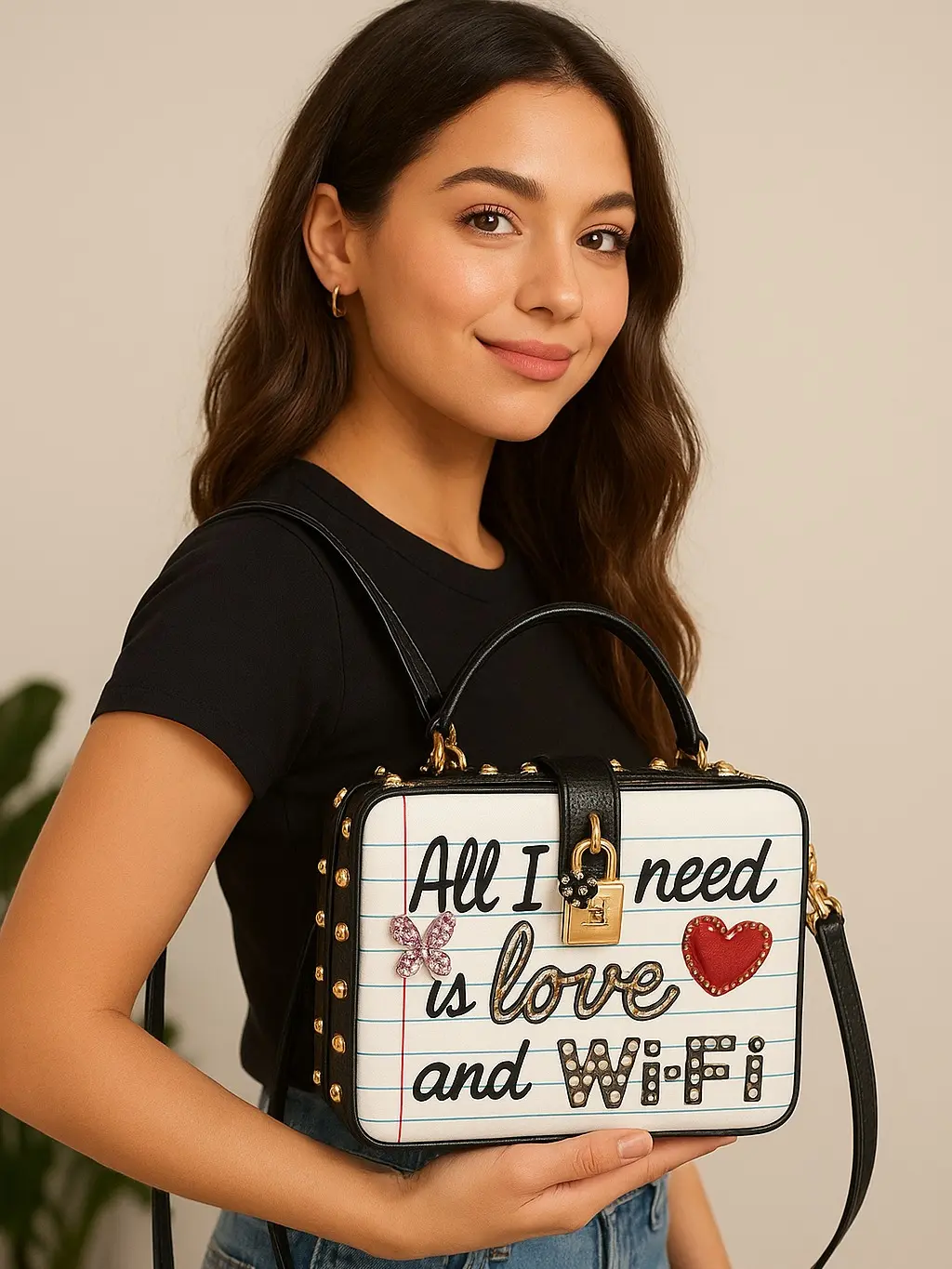 All I Need is Love & Wi-Fi Studded Box Handbag with Gold Studs, Rhinestone Butterfly, Jeweled Heart, and Secure Clasp Lock