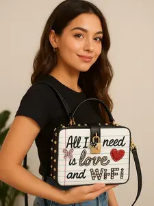 All I Need is Love & Wi-Fi Studded Box Handbag with Gold Studs, Rhinestone Butterfly, Jeweled Heart, and Secure Clasp Lock