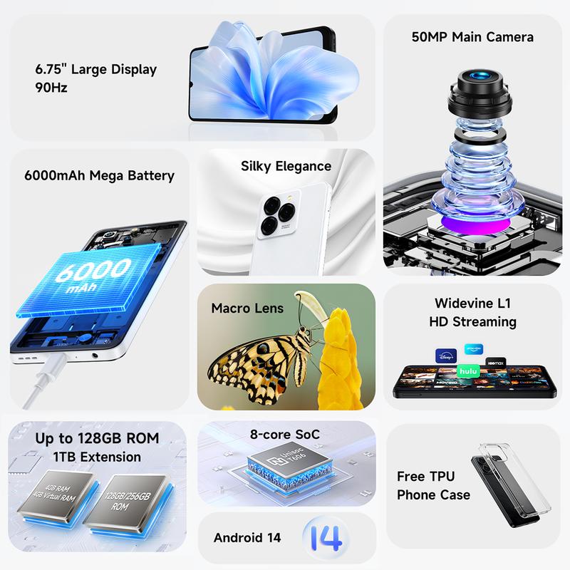 Ulefone Note 20 Pro Unlocked Phones, Android 14 OS, 8GB+128GB/256GB ROM 1TB Extension, 6.75” HD+ 90Hz Screen 6000mAh Battery Smartphone, 50MP Main Camera, 4G Dual SIM Cell Phone, Widevine L1 Certified - Black