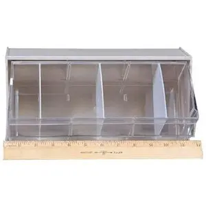 Quantum Storage Systems Single Compartment Tip-Out Stacking Bin Organizer Boxes, Beige/Clear Small Parts Organizer with 11.875" W x 5.9375" H x 5.25" D Polystyrene Frame, Model QTB 410