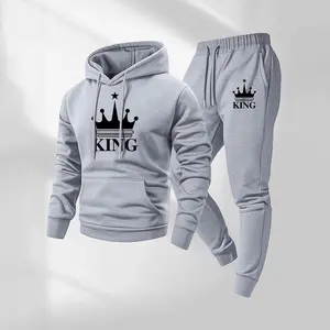 Men's KING Letter Print Hoodie and Drawstring Sweatpants Set with Pockets, Casual Athletic Long Sleeve Hoodie and Jogger Pants, Fall Winter Sportswear Tracksuit, Streetwear Set for Daily Wear, Indoor and Outdoor Activities