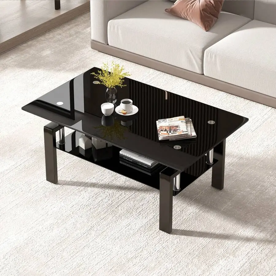 Double-Layer Glass Top Rectangle Coffee Table - Black, Modern Design, Metal Legs, Mirrored Inlay Marble, 39.4"l x 23.7"w x 17.72"h, Ideal for Living Room, Large Surface