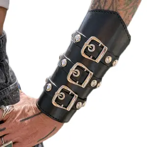 Black Leather Wrist Bracer Buckle Cuff Arm Guard Biker Gothic Punk Armor Festival Cosplay Adjustable Handmade Style. Zombie Guard