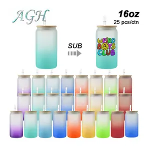 AGH 25pcs 16 oz Ombre Frosted Glass Cans Tumblers Sublimation Blank 16oz Cups with Lid & Straw Wholesale for Cold Coffee Juice Reusable Drinkware