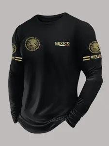 Men's Letter Flag Print Long Sleeve T-Shirt, Casual Fitted Basic Top, Spring & Fall Fashion, Versatile Bottom Layer Clothing, Casual Street Fashion, Menswear