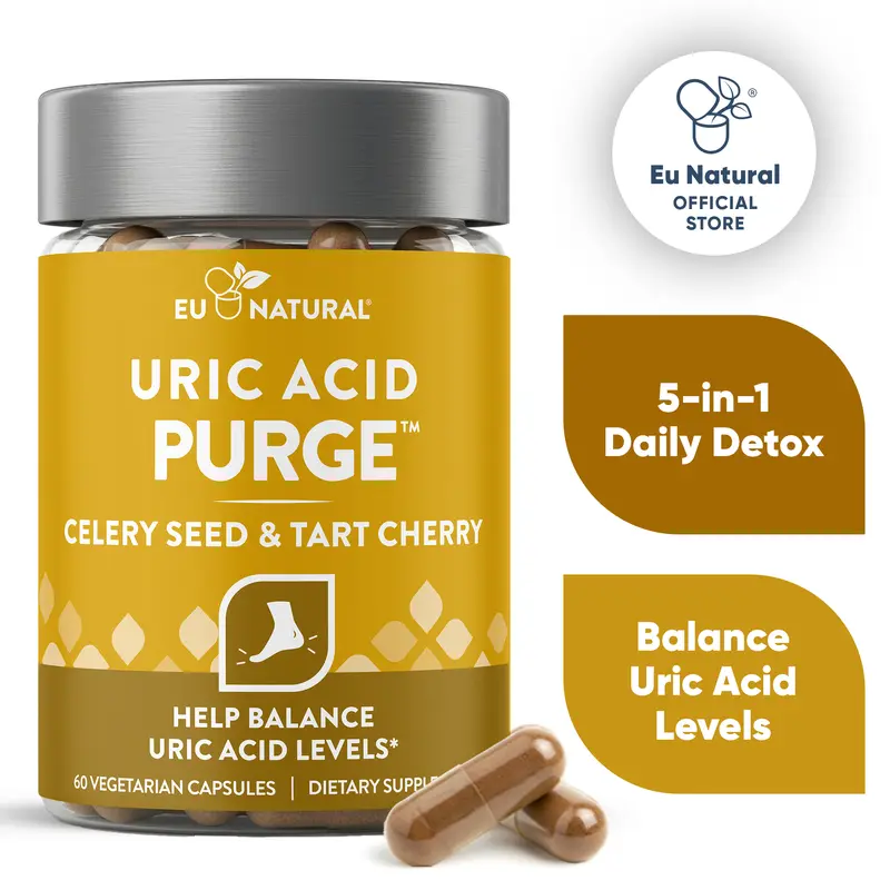 Eu Natural PURGE Uric Acid Cleanse – Eat Drink What You Want – Detox and Cleanse with Celery Seed Extract, Tart Cherry & Chanca Piedra for Effective Joint Support & Active Mobility – 60 Soft Vegan Capsules Herbal Dietary Supplement Antioxidant Supplement