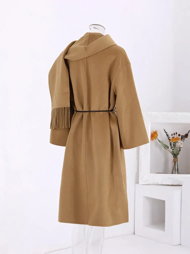 Winter New Long Woolen Coat Women Tassel Scarf Collar Belt Gathered Waist Solid Color Fashion Clothing