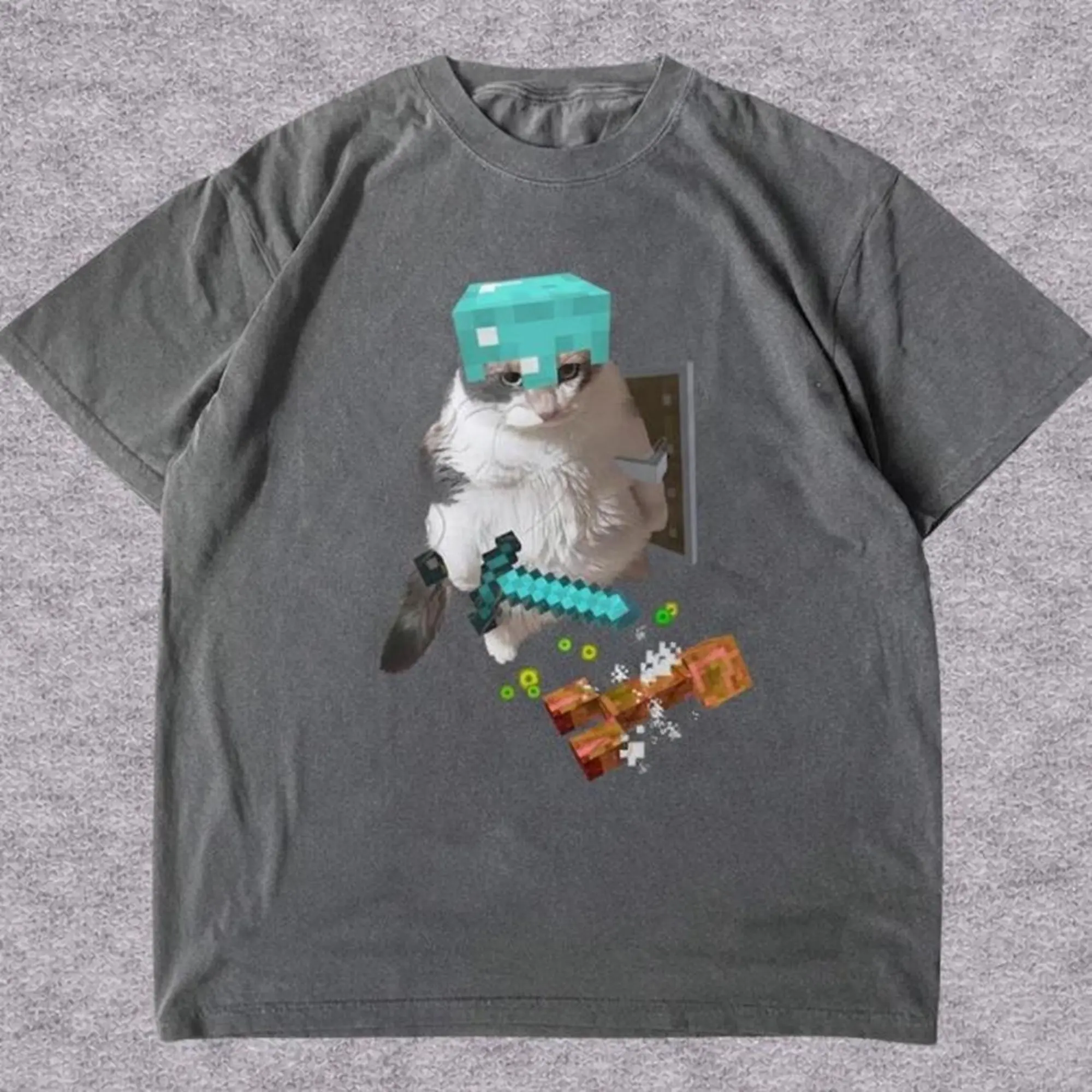 Vintage Minecraft Cat Grey T-Shirt, Cat Gaming Shirt, Unisex Vintage Graphic Tees Gothic Grunge Y2K Emo Scene Amity Affliction Style Clothes Men Women Streetwear