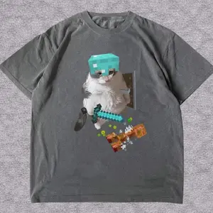 Vintage Minecraft Cat Grey T-Shirt, Cat Gaming Shirt, Unisex Vintage Graphic Tees Gothic Grunge Y2K Emo Scene Amity Affliction Style Clothes Men Women Streetwear