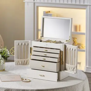 VLANDO Large Jewelry Box for Women, 6-Tier Jewelry Organizer with Mirror & 5 Drawers, Faux Leather Jewelry Storage Case,Gift for Mom