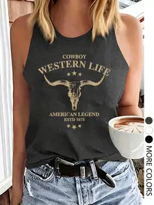 Women's Summer Loose-Fitting Casual Sleeveless Vest, Soft and Comfortable for Home Wear, Cowboy Western Life Print Top, Casual Fashion Sleeveless