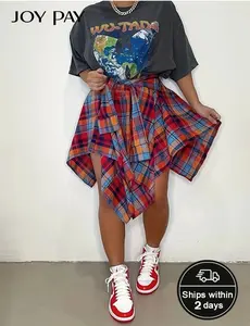 JOY PAY Women's Vintage Plaid Asymmetrical Mini Skirt High Waist Street Style Y2K Trending Fitted Check Patchwork Casual Bottoms with Edgy Hem & Premium Woven Fabric for Streetwear