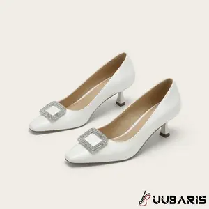 UUBARIS Square Toe Rhinestone Heels | Comfortable 5cm Kitten Heel Pumps Elegant White Square Toe Pumps for Everyday