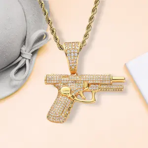 Iced Out Bling Gun Pendant Necklace, Hip Hop Rhinestone Pistol Jewelry, Trendy Streetwear Accessory for Men, Cool Gift