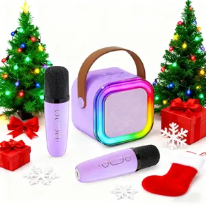 Mini karaoke machine with 2 microphones, wireless BT speaker,Bluetooth Speaker with LED Nightlight, Bluetooth party Pink karaoke