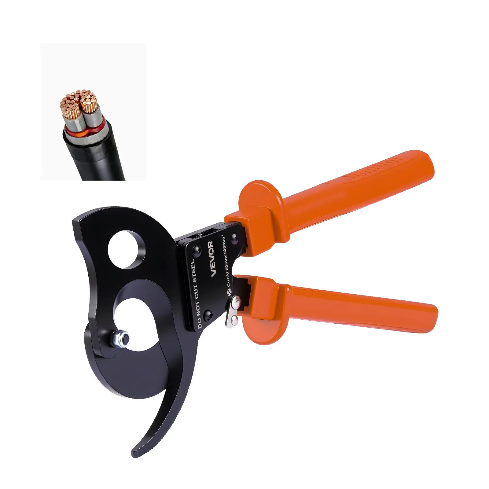 VEVOR Ratcheting Cable Cutter, Spring Steel Blades with PVC-Coated Handles, Quick-Release Button, Heavy Duty Ratchet Cable Wire Cutter for Cutting Copper & Aluminum Cables Up to 1000 MCM / 500 mm²