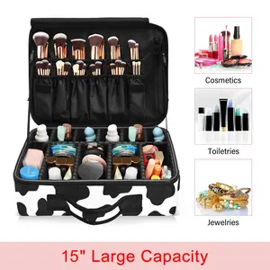 Makeup Bag 15" Large Capacity Cosmetic Bag Travel Makeup Storage Bag Organizer Portable Artist Storage Bag with Adjustable Dividers and shoulder strap Cows Made by FEIFEIYU